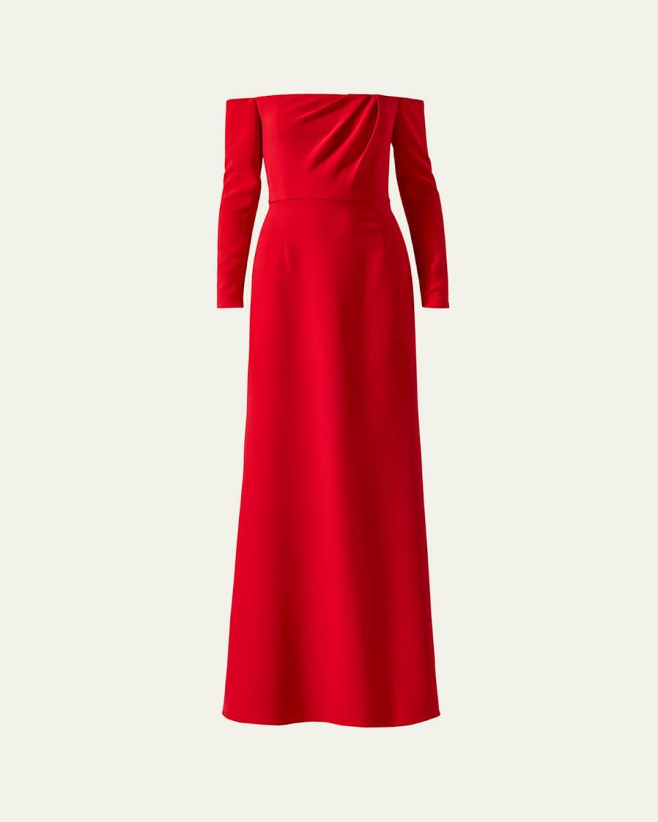 Draped Long-Sleeve Off-The-Shoulder Trumpet Gown